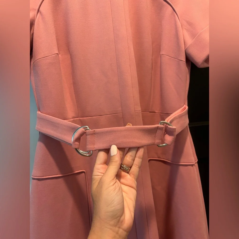 KAREN MILLEN Compact Stretch Tab Detail Full Skirted Midi Dress Dusty Pink NWT - Picture 6 of 15